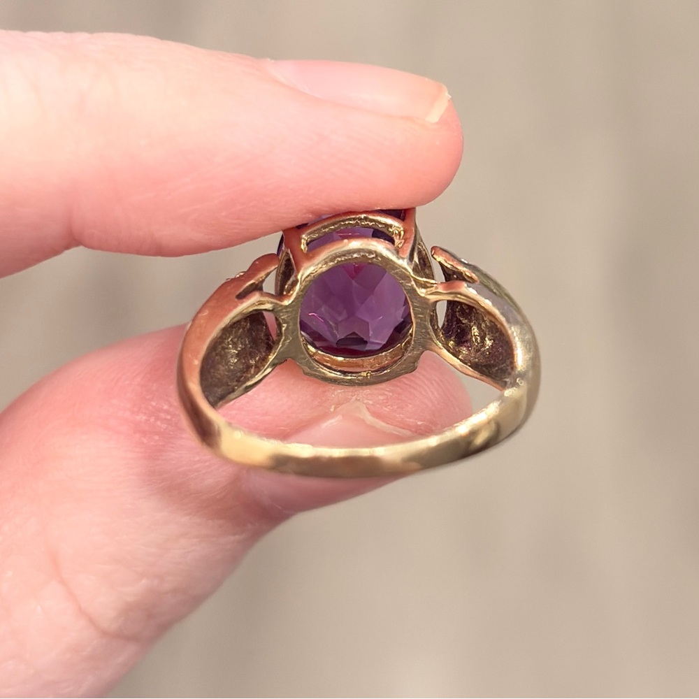 Vintage 10K Amethyst Ring: Diamond Accent Oval Solitaire Open Setting Size 6.75 - Picture 13 of 16